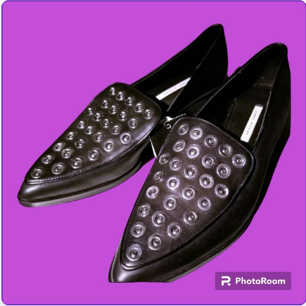 New Zara Sz 8M Black Leather Riveted Loafers